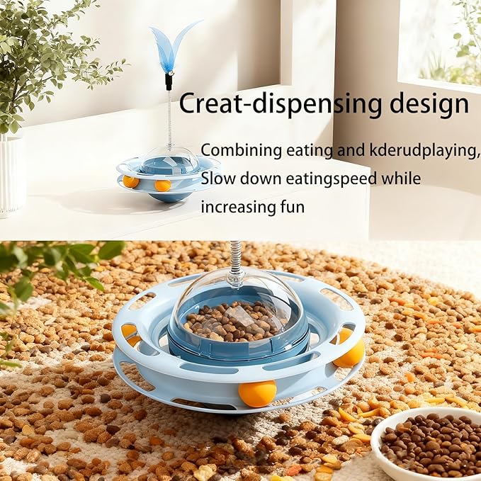 Cat Toy for Indoor Cats, 4-in-1 Interactive Pet Plaything, Blue Cat Ball Track with Treat Dispenser, Feather Teaser, Self-Play Tumbler Toy
