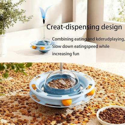 Cat Toy for Indoor Cats, 4-in-1 Interactive Pet Plaything, Blue Cat Ball Track with Treat Dispenser, Feather Teaser, Self-Play Tumbler Toy