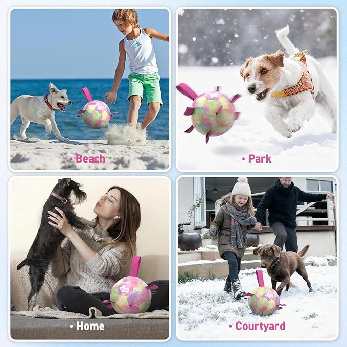 QDAN Dog Balls, Dog Soccer Ball with Straps, Pink Girl Puppy Toy Balls for Small Medium Dogs, Outdoor Water Pool Toys, Puppy Pet Birthday Gifts, Rainbow（6 Inch）