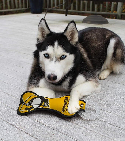Pets First NHL Pittsburgh Penguins Dental Dog TUG Toy with Squeaker. Tough PET Toy for Healthy Fun, Teething & Cleaning Pet's Teeth & Gum., one Size (PEN-3310)