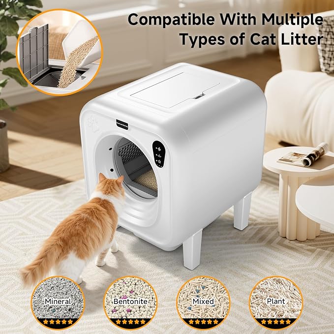 Self Cleaning Litter Box, Extra Large Automatic Cat Litter Box Self Cleaning for Multiple Cats, App Control, Safety Protection, Ultra-Quiet,Includes Trash Bags,White