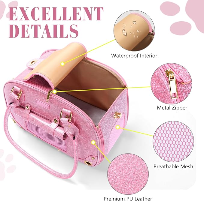PetsHome Dog Carrier Purse, Pet Carrier, Bling Waterproof Premium Leather Pet Travel Portable Bag Carrier for Cat and Small Dog Home & Outdoor Small Bling Pink