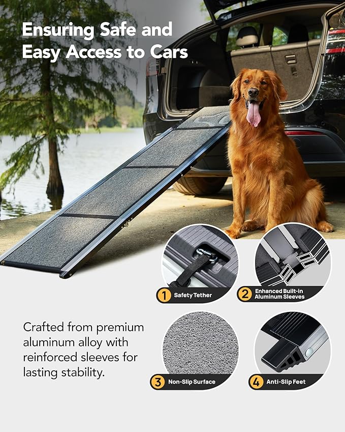 PetThem Upgraded Dog Ramp for Car 63" Long & 19.7" Wider Portable Dog Ramps for Large Dogs with Non-Slip Rug Surface for SUV Car & Truck, Up to 250LBS
