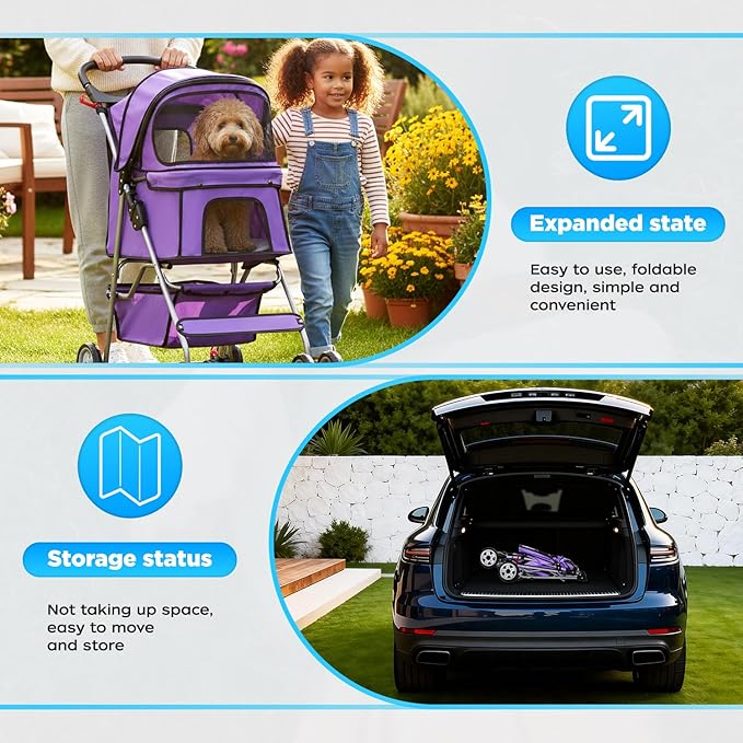 BestOffice Pet Stroller for Small Medium Dogs & Cats, 4-Wheel Foldable Dog Stroller with Cup Holder, Lightweight Travel Carrier, Waterproof Design for Outdoor Walks,Purple