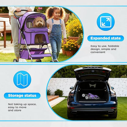 BestOffice Pet Stroller for Small Medium Dogs & Cats, 4-Wheel Foldable Dog Stroller with Cup Holder, Lightweight Travel Carrier, Waterproof Design for Outdoor Walks,Purple