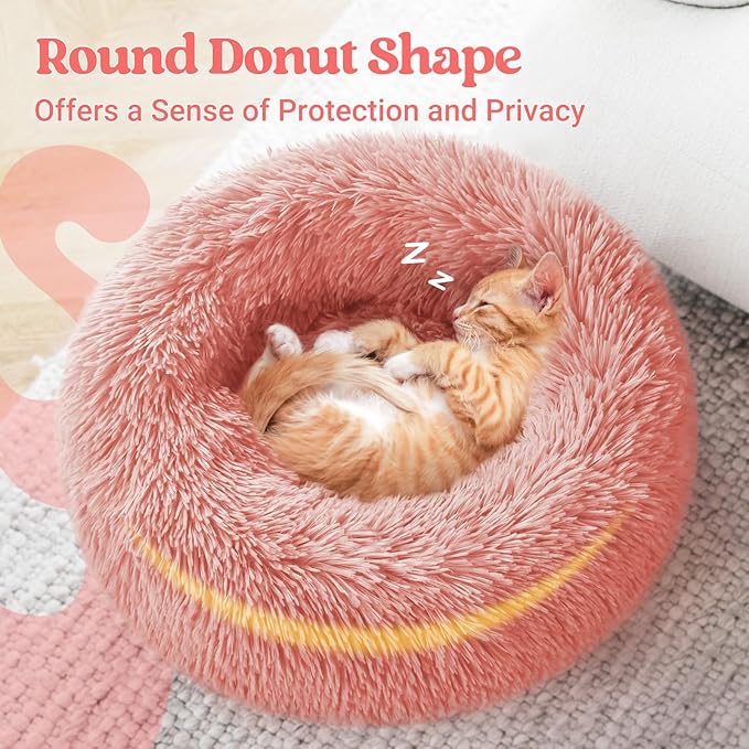 rabbitgoo Cat Beds for Indoor, 20 inches Machine Washable, Fluffy Round Pet Bed Non-Slip, Calming Soft Plush Donut Cuddler Cushion Self Warming for Small Dogs Kittens, Light Pink, Medium