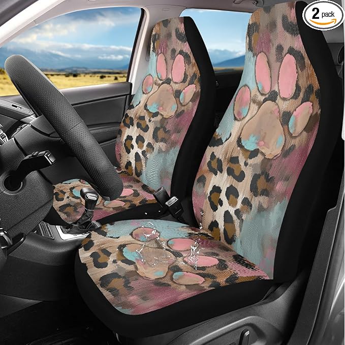 Pink Paw Print Car Seat Cover Waterproof Non-Slip Auto Front Seat Covers Leopard Print Car Bucket Seat Cover Protective Automobile Accessories Interior Universal Fit for Truck Sedan SUV