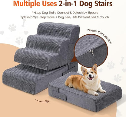 Dog Stairs for Small Dogs, 4-Step Dog Steps for Bed & Couch, High-Density Foam Pet Stairs, Non-Slip Indoor Pet Ramp, Washable Cover, Fits Beds up to 18.1", Grey