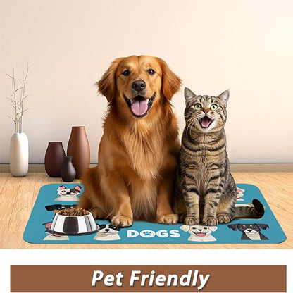 Cute Dog Cat Food Mat,Absorbent Pet Feeding Mat with Rubber Backing,Non-Slip Water Bowl Placemat,Indoor Pet Accessories Supplies 12"x20"