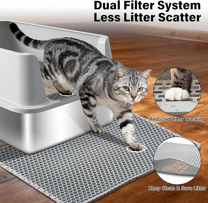 Stainless Steel Litter Box, Extra Large Litter Boxes for Big Cats, XL Metal Cat Litter Box with High Sides Lid, Anti-Urine Leakage, Never Absorbs Odors, Easy Cleaning, Non-Stick, Include Scoop and Mat