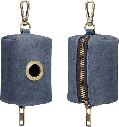 Didog Classic Dog Poop Bag Holder, Easy-Pull and Elegant PU Leather Pet Waste Bag Dispenser for Leash with Carabiner Clip, Includes 1 Roll Dog Waste Bag for Daily Walking,Blue