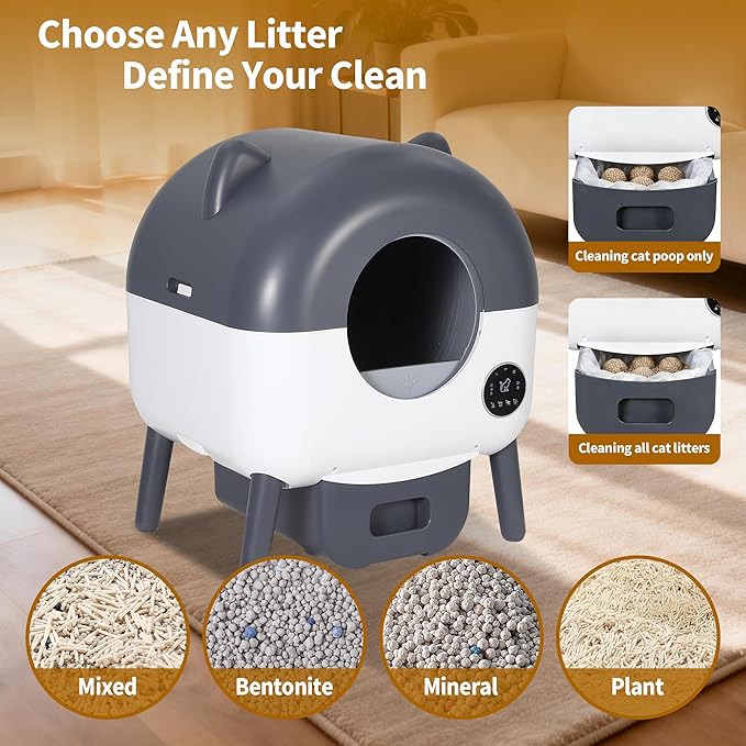 Self-Cleaning Cat Litter Box with Large Capacity and Automatic Cleaning, Automatic Litter Box with App Control, Triple Safety Protection, Removable Washable Liner, 1 Rolls Garbage Bags