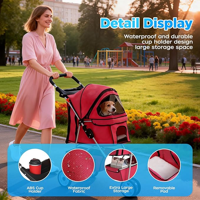 BestOffice Pet Stroller for Small Medium Dogs & Cats, 3-Wheel Foldable Dog Stroller with Cup Holder, Lightweight Travel Carrier, Waterproof Design for Outdoor Walks, Red