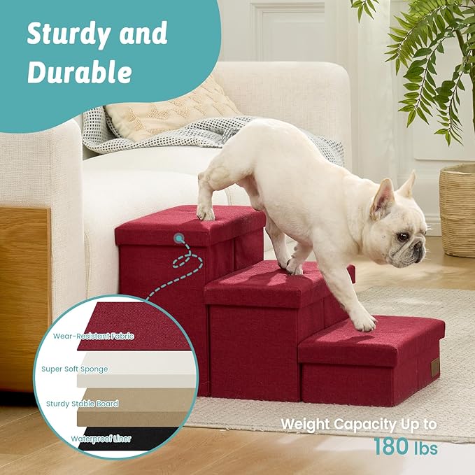 Dog Stairs with Storage, 4-Step Wider Sturdy Dog Steps for Small/Medium/Large Dogs and Older Cats, Folding Doggie Ramp for Bed/Couch/Car Hold Up to 180 lbs (22" H, Burgundy)