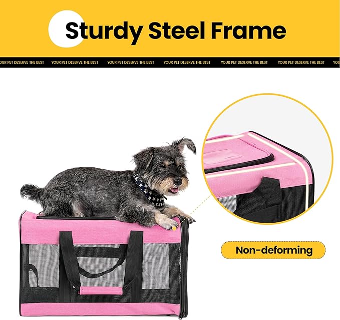 Dog Carrier Soft Sided, Large Cat Carrier with Inner Safety Leash, Pet Transport Carrier for Large Cats and Medium Dogs up to 20 Lbs, Collapsible Travel Puppy Carrier Bag -Pink L
