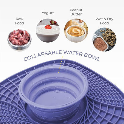 BelleBête & Co. 3-in-1 Pet Slow Feeder Lick Mat with Collapsible Bowl for Dog & Cat – Food-Grade Material & Non-Slip Base for Kibble, Dry and Wet Food, Digestive Health & Reduce Anxiety | Blue