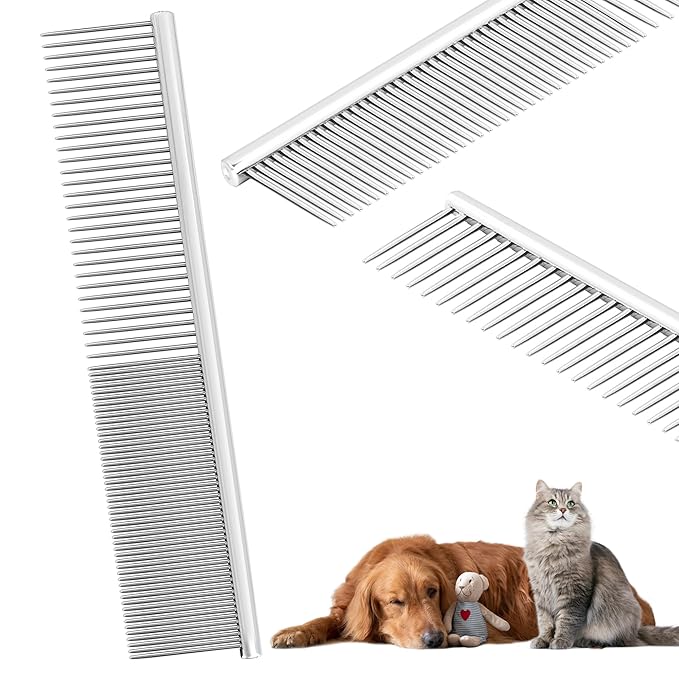 Pet Grooming Comb with Rounded Ends Stainless Steel Teeth for Dogs & Cats,Wide & Dense Teeth for Removing Tangles, Knots,Undercoat,Flea,Face,Chin,Tear Stain,Excess Hair,Metal Dematting Tool Pet Gift