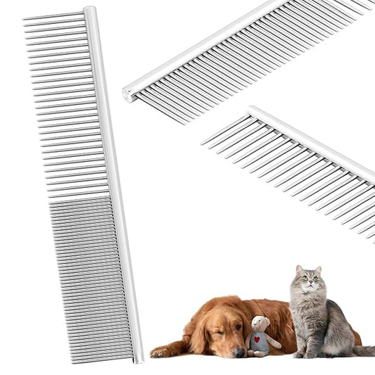Pet Grooming Comb with Rounded Ends Stainless Steel Teeth for Dogs & Cats,Wide & Dense Teeth for Removing Tangles, Knots,Undercoat,Flea,Face,Chin,Tear Stain,Excess Hair,Metal Dematting Tool Pet Gift