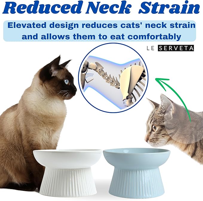 2 Pack Ceramic Slow Feeder Cat Bowl, Raised Puzzle Feeder, Anti-Vomiting, Elevated Food Bowl, Whisker Friendly (White, Blue)