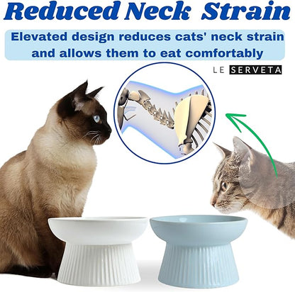 2 Pack Ceramic Slow Feeder Cat Bowl, Raised Puzzle Feeder, Anti-Vomiting, Elevated Food Bowl, Whisker Friendly (White, Blue)