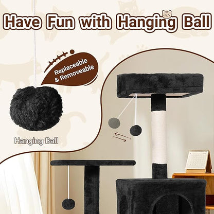 54 Inch Multi-Level Cat Tree Tower with Hammock, Condos & Scratching Posts, Large Cat Furniture for Indoor Cats with Pompoms, Black