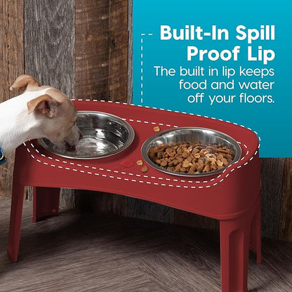 IRIS USA Adjustable Elevated Dog Bowls, Raised Feeder with 2 Stainless Steel 64 oz Bowls, Spill-Guard Rim, 12.25" or 4.63" Heights, Durable Plastic, Made in USA, Red