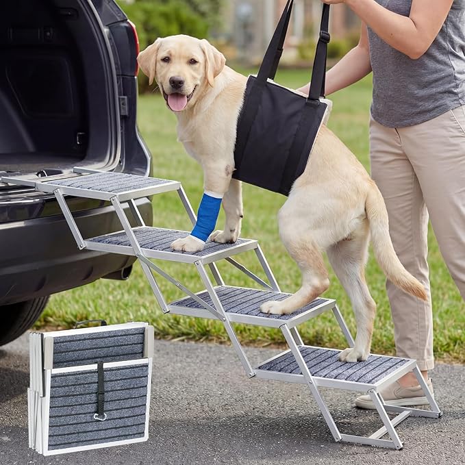 Veehoo Extra Wide Dog Steps for Car Truck SUV Foldable, 4 Steps Lightweight Aluminum Dog Stairs for Injured Senior Large Dogs 20" Wide, Folding Pet Ramp Ladder with Non Slip Surface, up to 170lbs