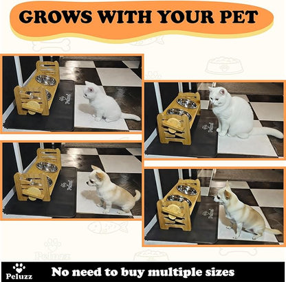 Dog Bowls Elevated Adjustable Height – Bamboo Raised Feeding Stand with Stainless Steel Bowls, for Dogs & Cats, Cat Bowls Elevated, 6 Height Levels, 15° Tilt & Includes Waterproof Feeding Mat