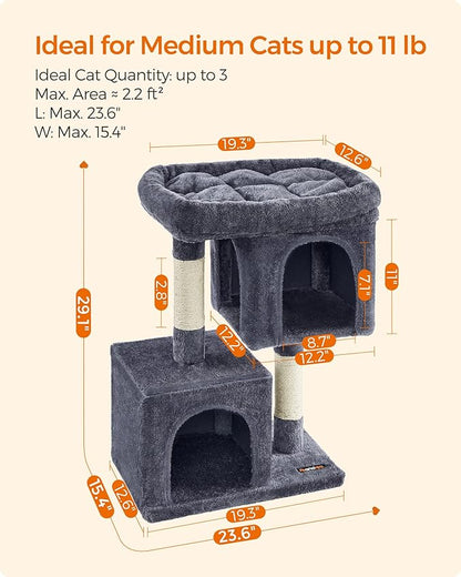 Feandrea Cat Tree, 29.1-Inch Cat Tower, Plush Condo for Medium Cats up to 11 lb, Large Perch, 2 Caves, Scratching Post, Smoky Gray UPCT612G01