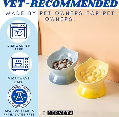 Macarons Series Ceramic Slow Feeder Cat Bowl, Raised Puzzle Feeder, Anti Vomiting Cat Slow Feeding, Elevated Food Bowl, Whisker Friendly Pet Bowl with Cute Ear Design (Gradient Yellow)