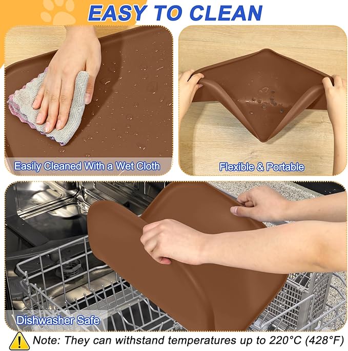 Silicone Pet Feeding Mat with Raised Edge for Food and Water, Dog Bowl Mats, Cat Bowls Placemat with High Lip for Floor Waterproof, Rubber Tray for Cats and Dogs 24 x 16 x0.8 Brown