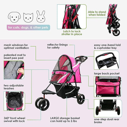 Petique Revolutionary Durable Pet Stroller, Easy Fold, Quality mesh Windows, Large Storage Basket, Secure Cup Holder Tray, Small/Medium Dogs, Cats and Pets, Supports up to 55LBS - Supernova (Pink)
