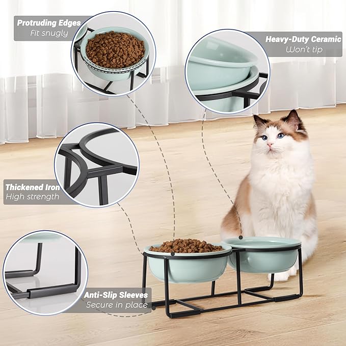 Ceramic Elevated Dog Bowl Set - Double Dog Food and Water Bowls with Metal Stand - Raised Pet Dishes for Puppies and Cats - 1 Cup - 13.5 fl oz - Green