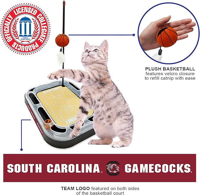 NCAA SOUTH CAROLINA Gamecocks 6-in-1 Reversible Basketball Court Felt & Cardboard Cat Scratcher Toy with Catnip-Filled Plush Basketball