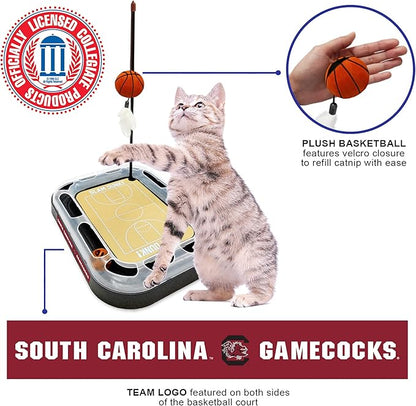 NCAA SOUTH CAROLINA Gamecocks 6-in-1 Reversible Basketball Court Felt & Cardboard Cat Scratcher Toy with Catnip-Filled Plush Basketball