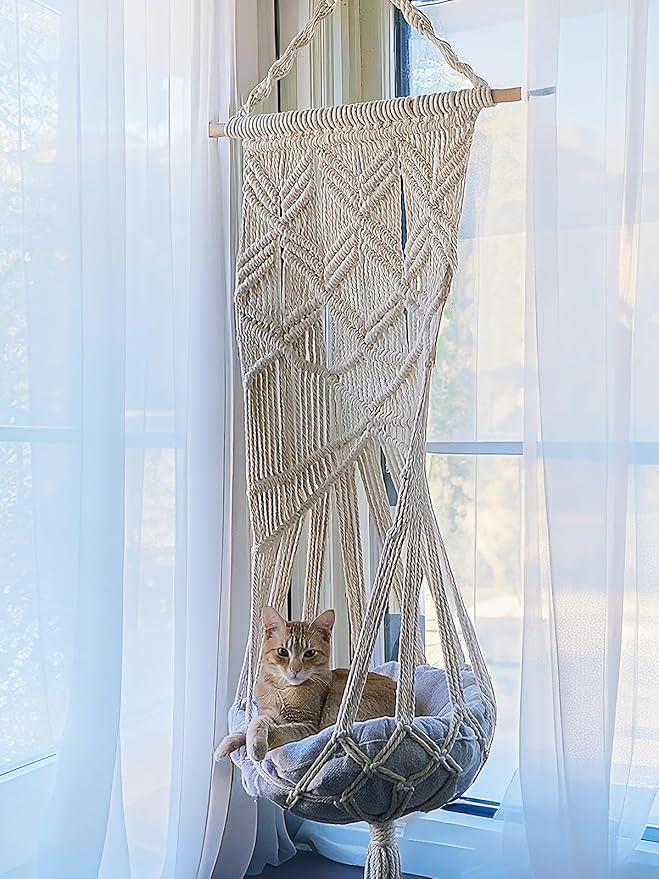 KARCEEY Macrame Cat Hammock Hanging Bed - Boho Wall Swing with Catnip Cushion for Wall Climber & Window Perch - Hardware Kit Included