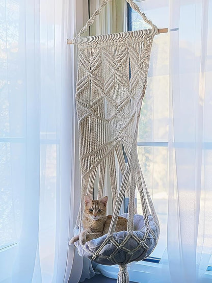 KARCEEY Macrame Cat Hammock Hanging Bed - Boho Wall Swing with Catnip Cushion for Wall Climber & Window Perch - Hardware Kit Included