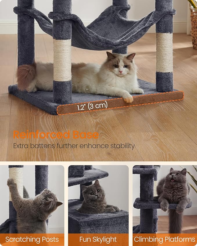 Feandrea Cat Tree, 73.2-Inch Tall Cat Tower, Plush Multi-Level Condo with 5 Scratching Posts, 2 Perches, 2 Caves, Hammock, 2 Pompoms, Smoky Gray UPCT191G01