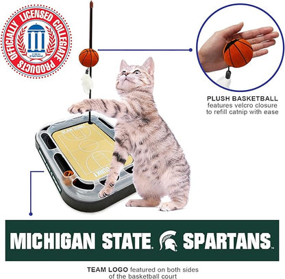 Cat Scratch Toy NCAA Michigan State Spartans Reversible Basketball Court Felt/Cardboard Cat Scratcher Toy. Interactive Cat Ball Bell. 6-in-1 CAT Toy: Cat Wand Poll with Catnip-Filled Plush Basketball