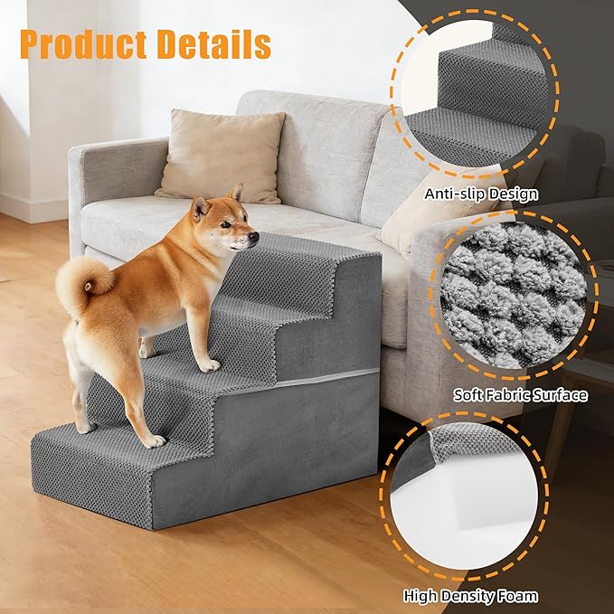 NEWBULIG 4-Step Dog Stairs, 18" H Dog Steps for Sofa and Chair, Non-Slip Sturdy Pet Steps for Small Dogs and Cats, Pet Ramp for High Bed Indoor(Grey)
