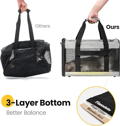 Dog Carrier Soft Sided, Large Cat Carrier with Inner Safety Leash, Pet Transport Carrier for Large Cats and Medium Dogs up to 20 Lbs, Collapsible Travel Puppy Carrier Bag -Gray L