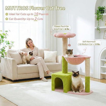 Flower Cat Tree with Large Metal Frame Hammock, 35" Cute Cat Tower with Sisal Scratching Posts for Small Indoor Cats, Cat Condo with Pink Top Perch for Kittens, Pink