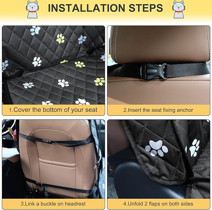 2pcs Dog Car Seat Cover for Front Durable Colored Paw Prints Waterproof Protector Against Dirt Scratch Proof Non Slip Padded Quilted Front Seat Covers for Dog for Cars, Trucks and SUV, Black