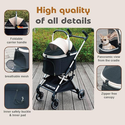 Pet Stroller for Small Dogs & Cats Under 20 lb with Detachable Carrier, Converts to Car Seat, Ultra-Lightweight only 11lb, One Hand Fold