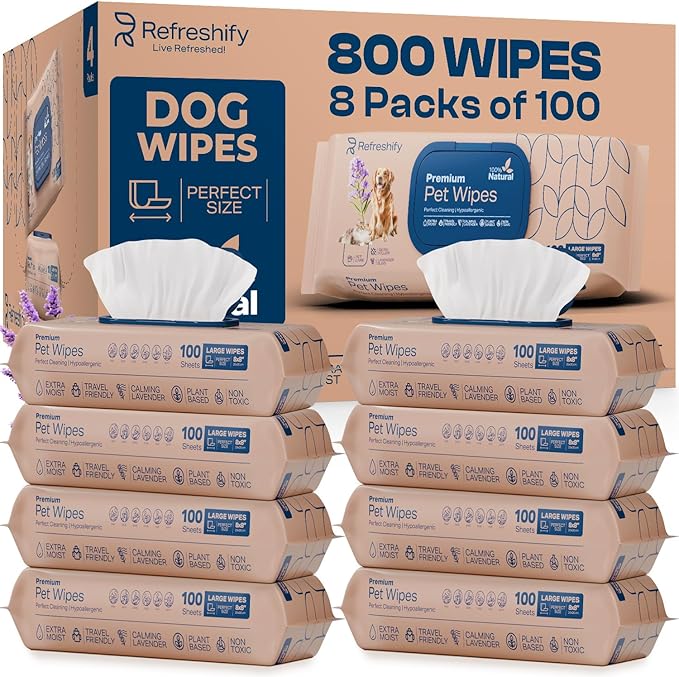 Dog Wipes for Paws and Butt - (Bulk 800 Wipes) - Plant Based Lavendar Scented, Pet Wipes for Dogs and Cats - Deodorizing Non Toxic Dog Wipes - 8 Packs of 100