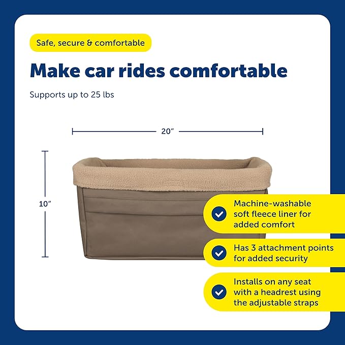 PetSafe Happy Ride Booster Seat for Dogs - Open Road Comfort - Safe Tether System - Zipper Pouch Dog Seat - Machine Washable Fleece Liner - Easy Install Design - Brown - Up to 25 lb