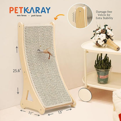 PETKARAY Curved Cat Scratcher, Sisal Kitty Scratching Ramp, L Shape Scratch Pad for Indoor Cats, 25.6" Furniture Protector with Mouse Toy, Chevron Style