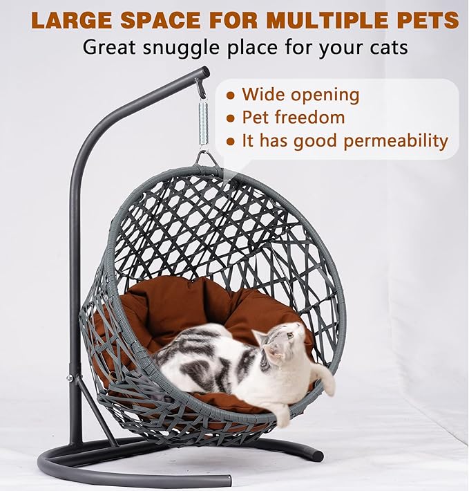 Cat Egg Chair with Stand & Cushion, Cat Swing Bed with Rattan Wicker Appearance, Hanging Chair for Indoor Cats Pet Kitten Puppy Small Dogs (Brown, 19.30 Inch)