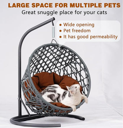 Cat Egg Chair with Stand & Cushion, Cat Swing Bed with Rattan Wicker Appearance, Hanging Chair for Indoor Cats Pet Kitten Puppy Small Dogs (Brown, 19.30 Inch)