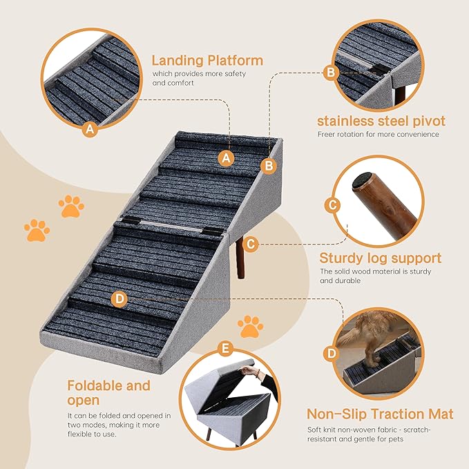 2-in-1 Dog Stairs for Bed and Couch, 21.6 Inch High,Foldable Ottoman with 6 Steps, Joint Relief for Small and Large Dogs (Beige H 21.6")